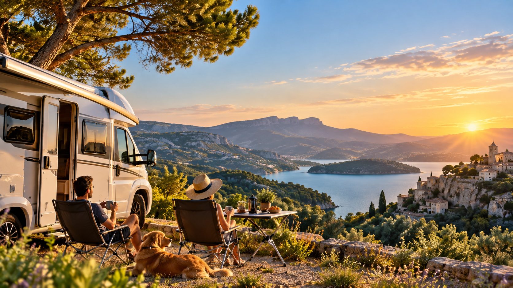 Un couple et son chien au coucher du soleil devant leur camping-car, face à une baie méditerranéenne